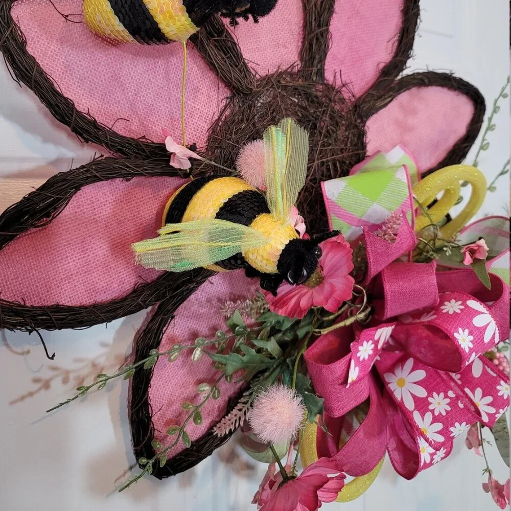 Pink‎ Sunflower with Bees Wreath, Pink Sunflower/Bee Front Door Wreath